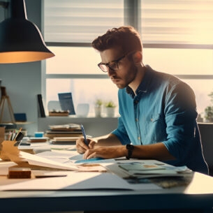 KI-generiertes Bild eines jungen Mannes mit Brille, der an einem Schreibtisch arbeitet und sich Notizen macht.