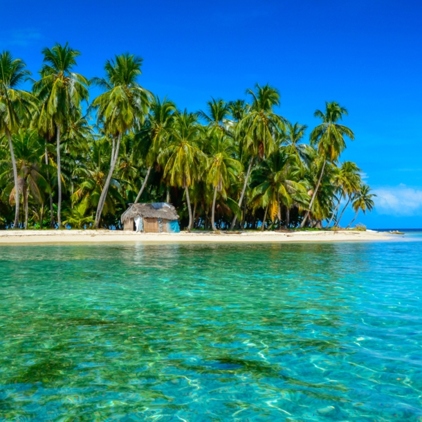 Eine kleine Insel mit Palmen umgeben von türkisblauem Meer.