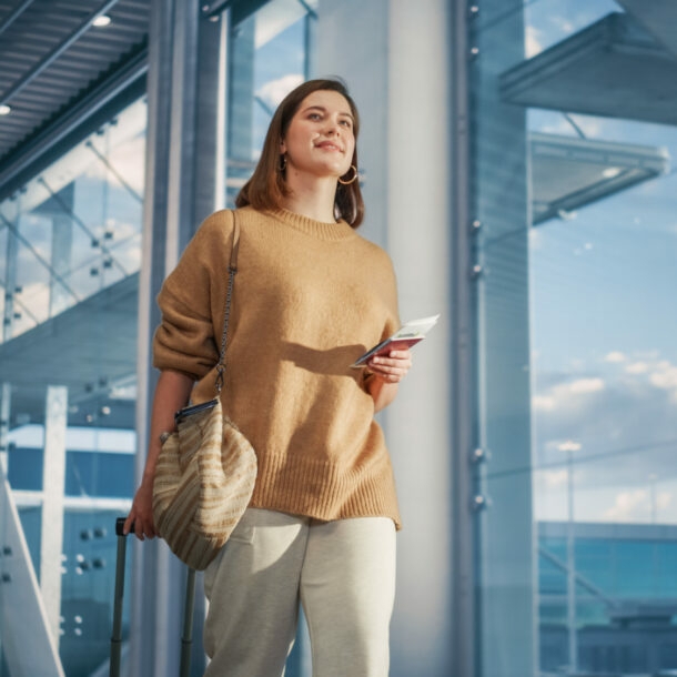 eine Frau am Flughafen, die mit einer Hand einen Koffergriff festhält und in der anderen Papiere hält.