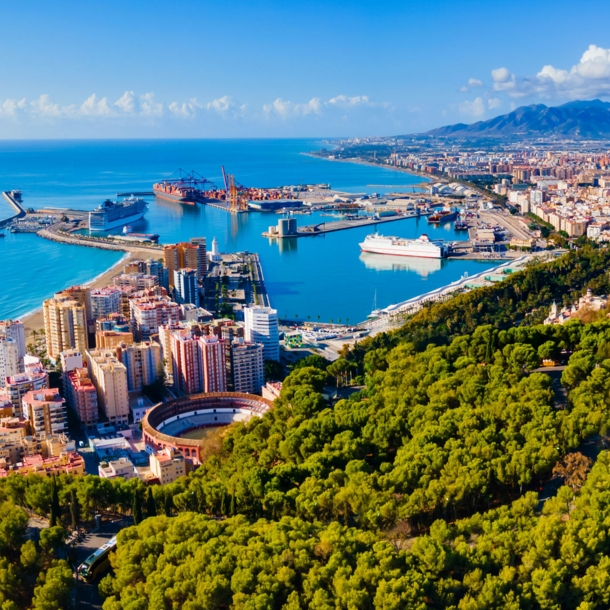 Luftaufnahme von Málaga mit Meer und Bergen im Hintergrund.