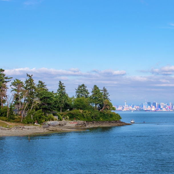 Vereinzelte Häuser auf einem schmalen Inselabschnitt, umgeben von Wasser vor Seattles Skyline im Hintergrund.