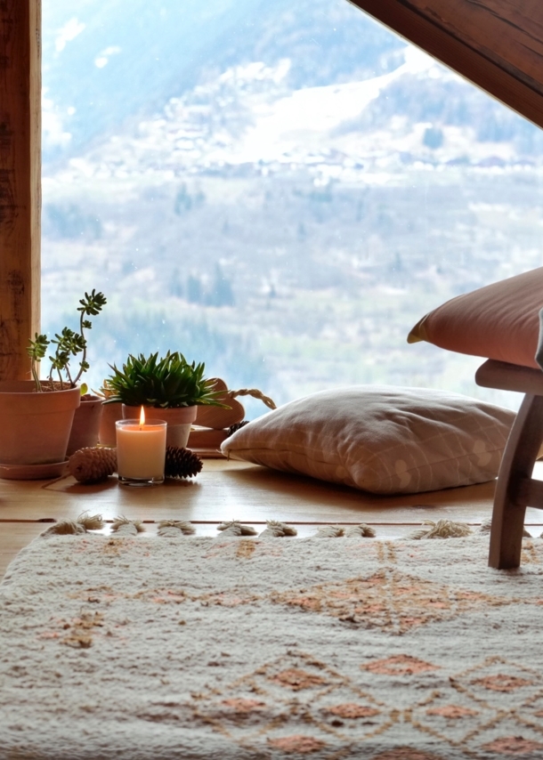 Modernes Chalet von innen mit Aussicht auf die Berge