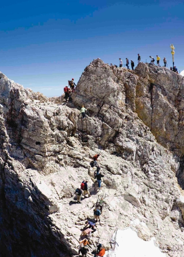 Zugspitze mit Wandernden bei blauem Himmel