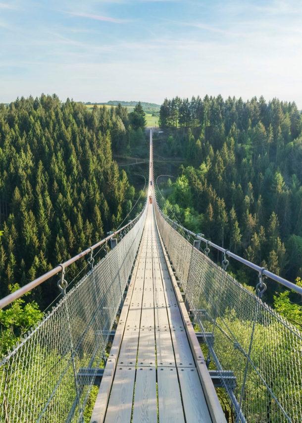 Bewaldeter Hügel Wald und Menschen, die über eine Hängeseilbrücke laufen