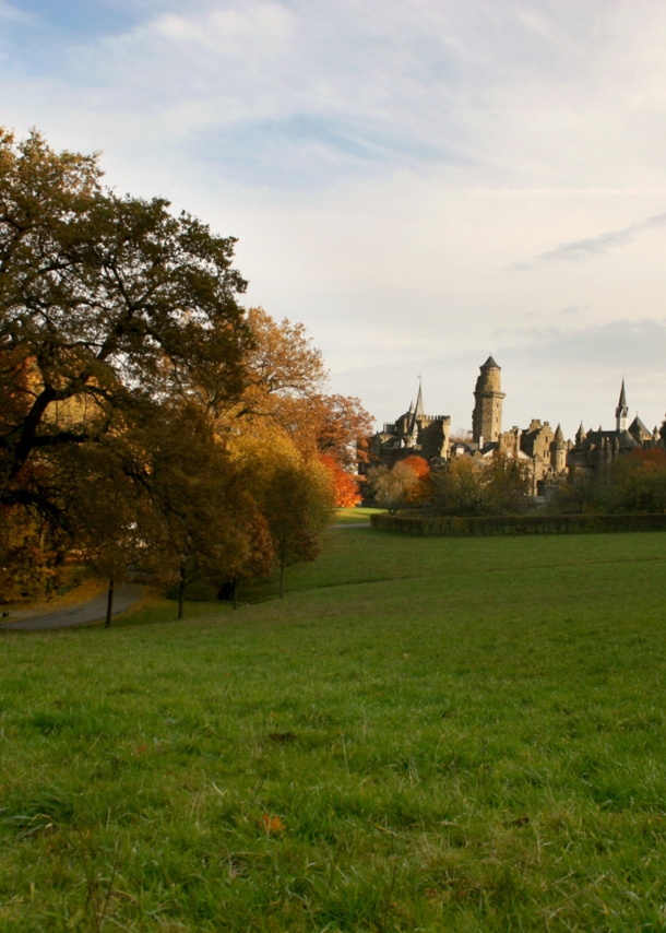 Ein Park, im Hintergrund eine Burg