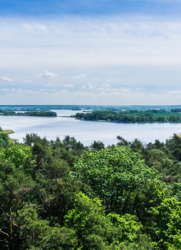 Blick von oben über ein Naturgebiet mit großem Seenanteil.