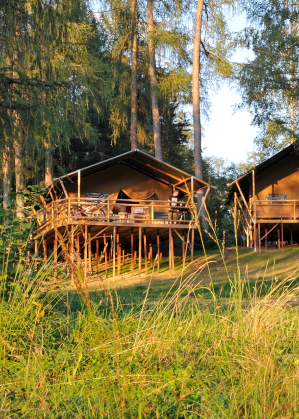 Holzhäuser auf Stehlen bei Abendsonne im Wald