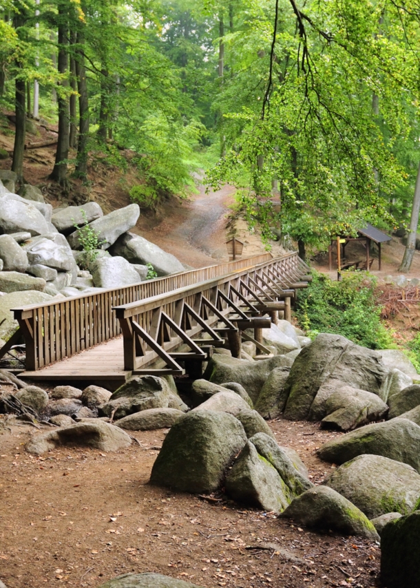 Holzsteg über Felsen im Naturpark Bergstraße-Odenwald