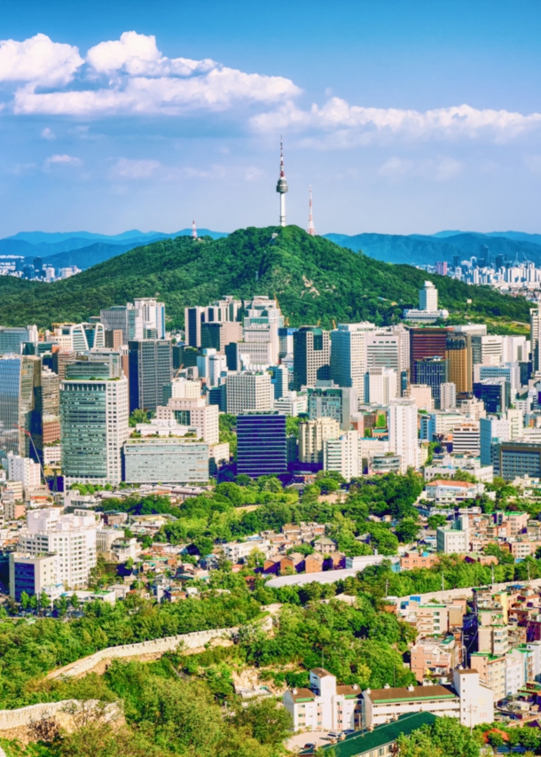 : Stadtpanorama von Seoul mit Hochhäusern, Stadtmauer und einem Fernsehturm auf einem Berg im Zentrum