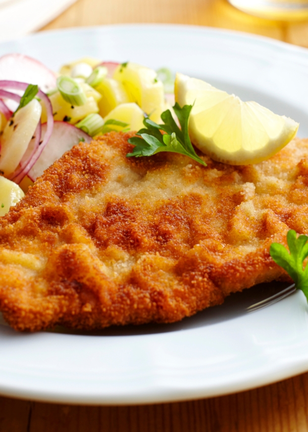 Ein paniertes Schnitzel mit Kartoffelsalat auf einem weißen Teller.