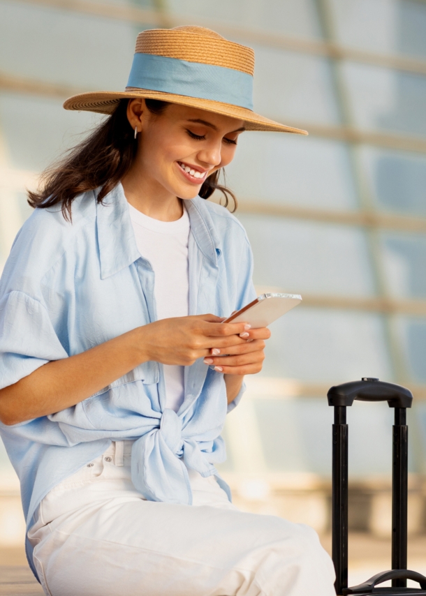 Eine lächelnde Frau mit Sonnenhut, die auf einer Bank sitzt und ein Handy in den Händen hält, neben ihr steht ein Koffer.