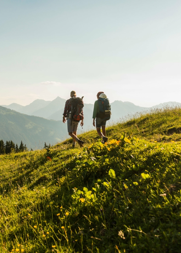 Rückenansicht von zwei Personen, die über eine Bergwiese in Österreich wandern.