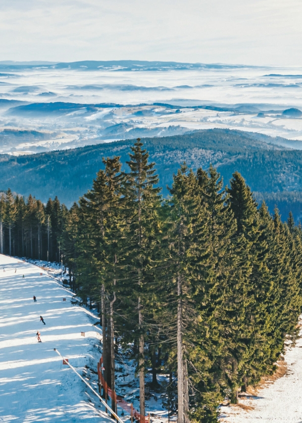 Skilift, der im Riesengebirge über eine Skipiste und Wald verläuft, im Hintergrund Berge.