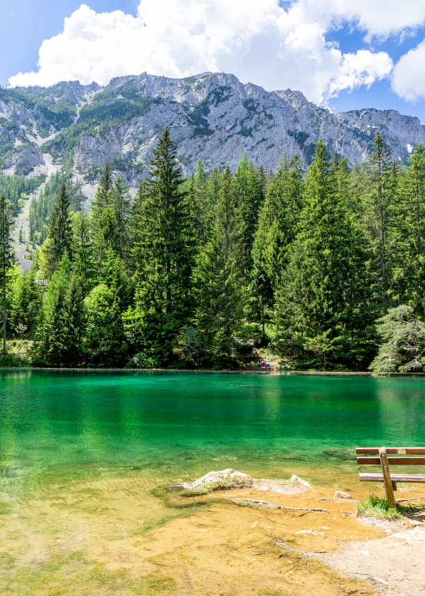 Eine Sitzbank vor einem grün schimmernden See, umgeben von Nadelwald in einer Bergregion.