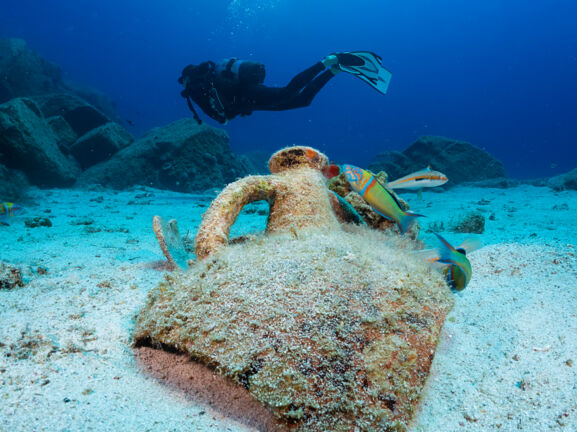 Eine zerbrochene Amphore auf dem Meeresgrund, die von bunten Fischen umgeben ist. Im Hintergrund schwimmt eine Person in Tauchausrüstung.