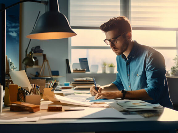 KI-generiertes Bild eines jungen Mannes mit Brille, der an einem Schreibtisch arbeitet und sich Notizen macht.