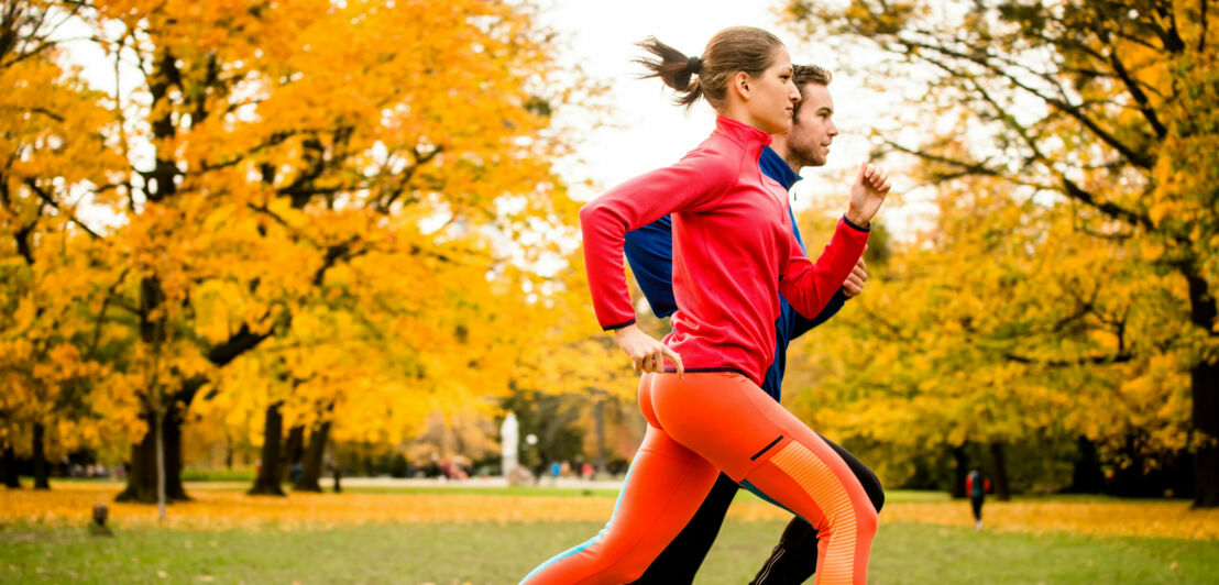 Ein Jogger und eine Joggerin in einem herbstlichen Park