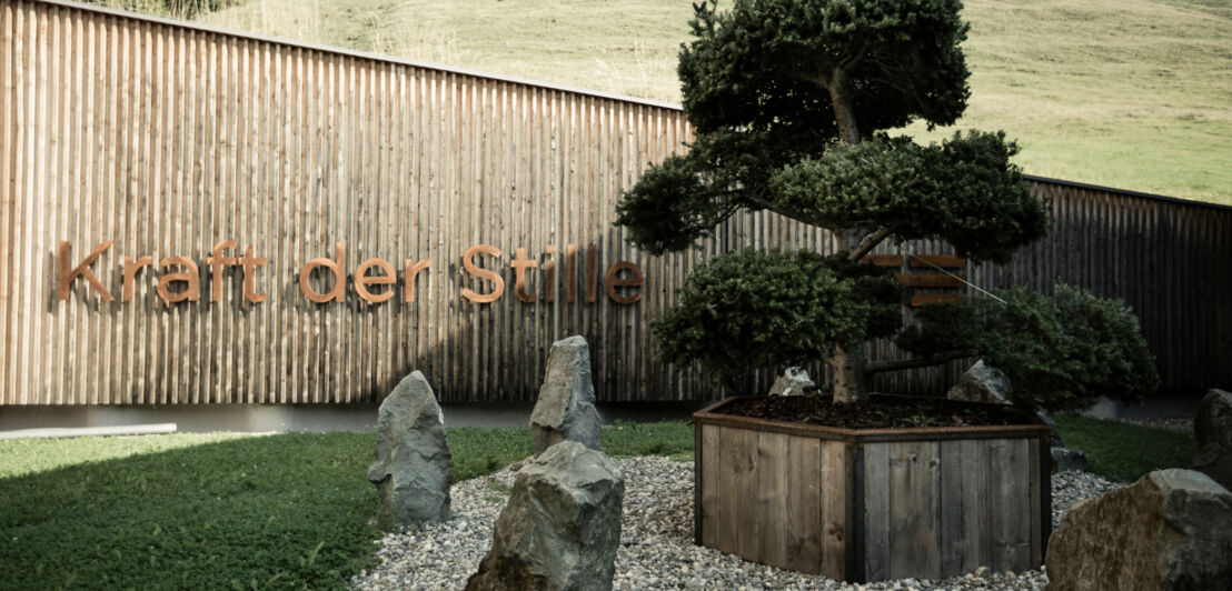 Ein angelegter Zen-Garten mit Rasen und einem, von Steinen umkreisten Bonsai inmitten der Allgäuer Berglandschaft