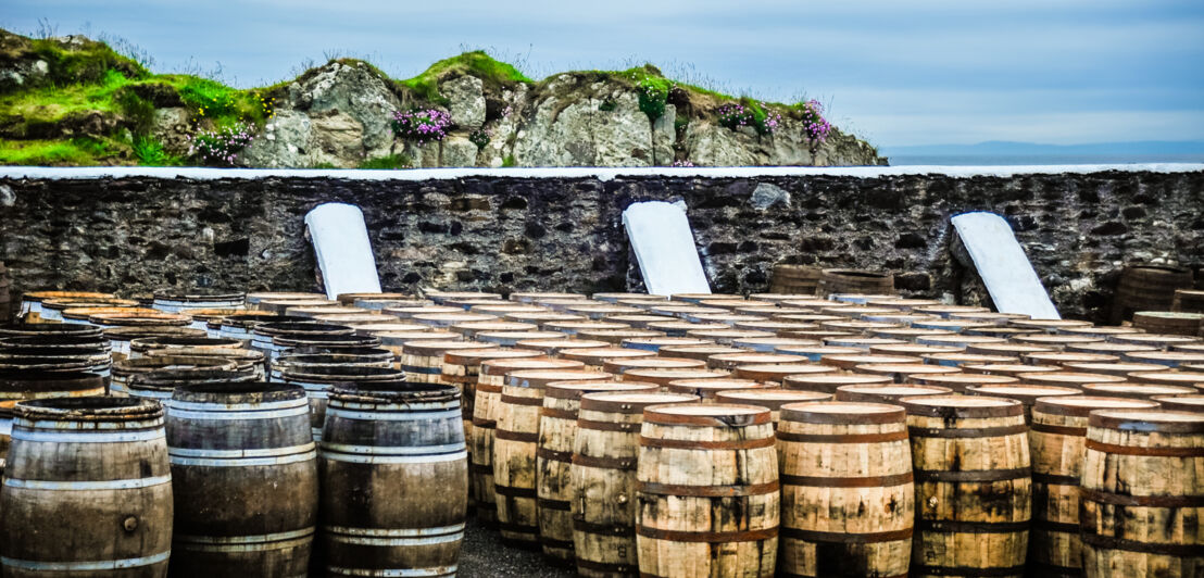 Whisky-Fässer im Außenbereich einer Destillerie