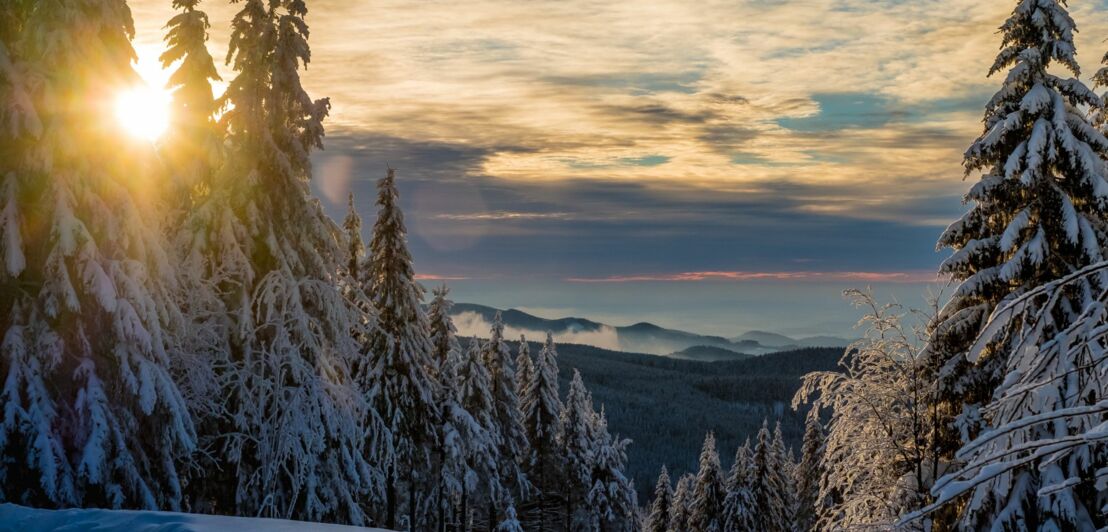 Sonnenuntergang über dem winterlichen Harz.