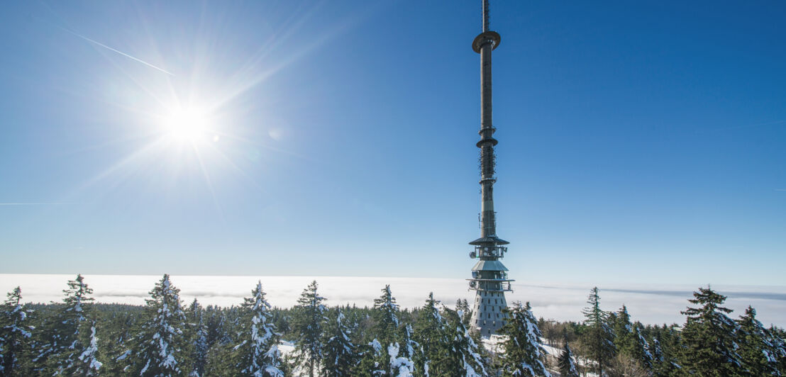 Bergspitze mit Turm und verschneiten Nadelbäumen