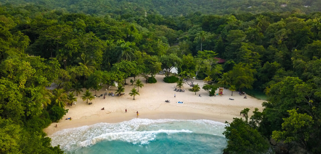 Eine kleine Bucht mit einem Strand, drumherum Wald