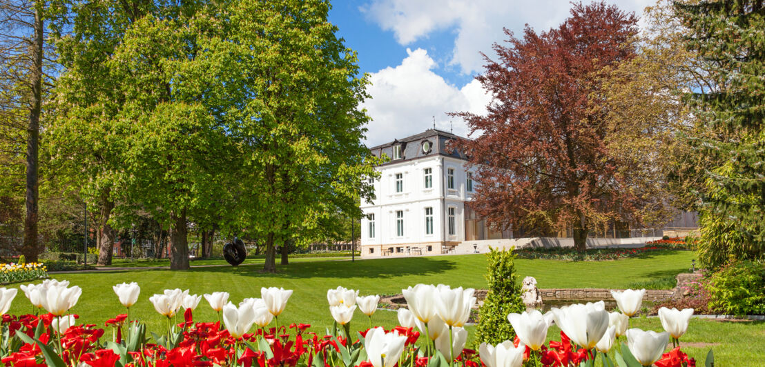 Eine klassizistische Villa umgeben von Bäumen und Blumen.