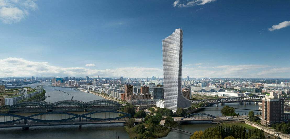 Architektur-Rendering des Elbtowers, ein Wolkenkratzer im Hamburger Stadtbild