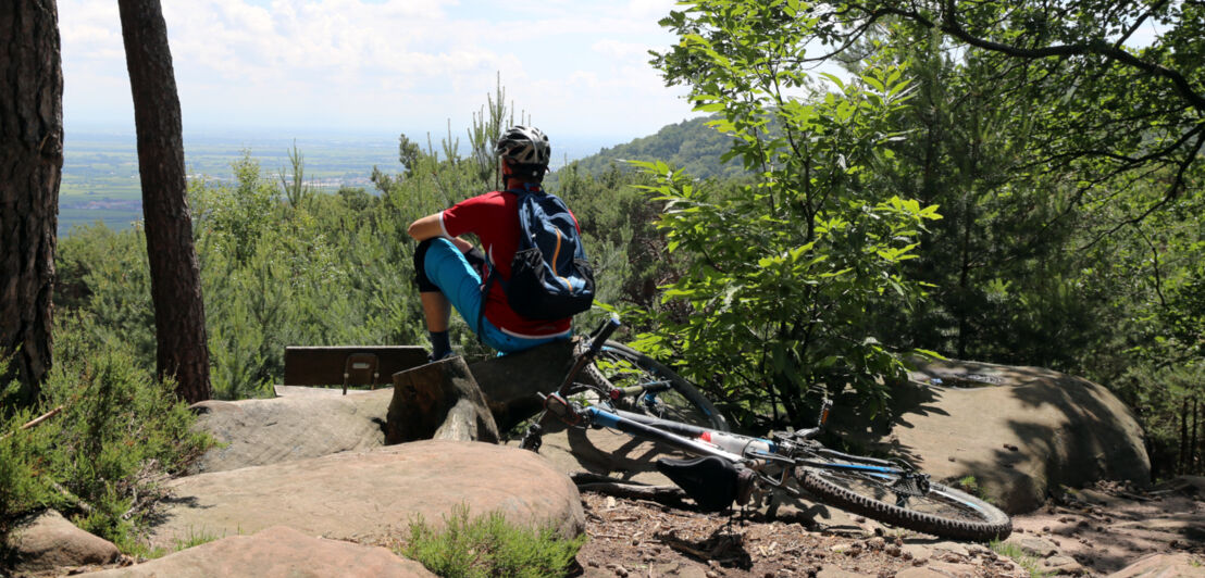 Mountainbiker schaut von einem Fels ins Tal