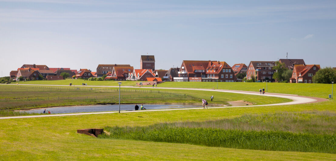 Eine flache Graslandschaft mit Spaziergängern und einem Ort im Hintergrund