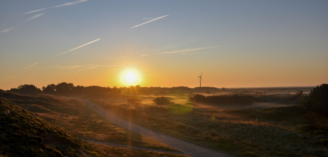 Ein Wanderweg über die Ostfriesische Insel Spiekeroog in der Dämmerung