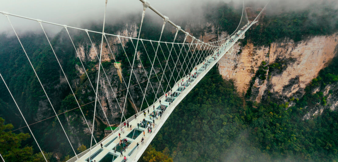 Eine gläserne Brücke die über einen tiefen Abgrund führt