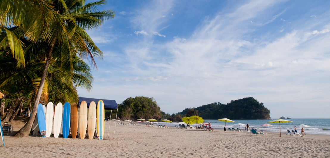 Strand mit Surfbrettern und Sonnenschirmen