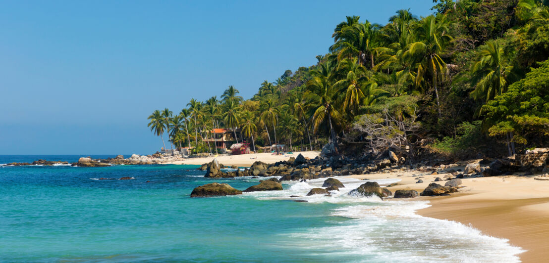 Tropischer Sandstrand mit Palmen und Felsen