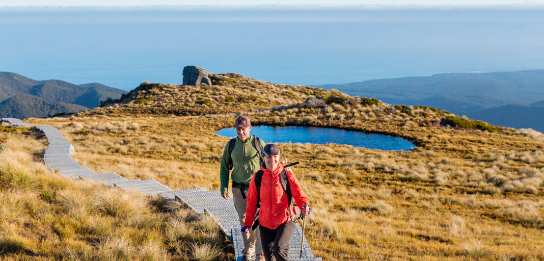 Zwei Personen in Funktionsbekleidung mit Wanderstöcken gehen auf einem Holzsteg durch eine Graslandschaft auf einem Berg.