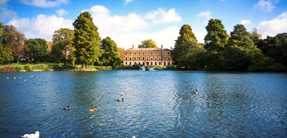 Ein See mit Enten vor einem Gebäude in einer Parkanlage