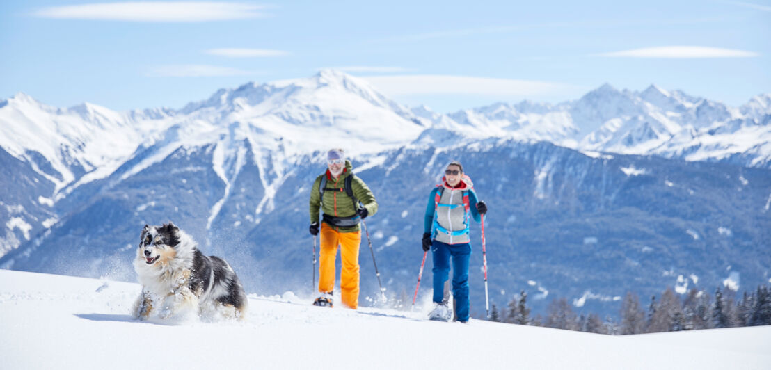 Ein Paar beim Schneeschuhwandern mit einem Hund vor schneebedecktem Gipfelpanorama.