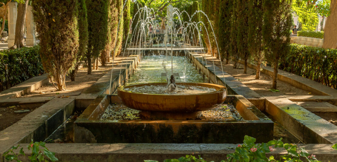 Springbrunnen in einer Parkanlage mit üppig grüner Vegetation.