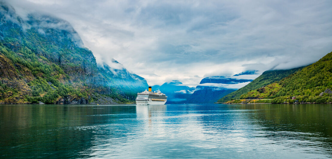 Ein Kreuzfahrtschiff in einer Fjordlandschaft unter bewölktem Himmel.