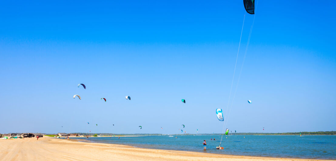 Zahlreiche Kitesurfende an einem breiten Sandstrand. Zahlreiche Kitesurfende an einem breiten Sandstrand.