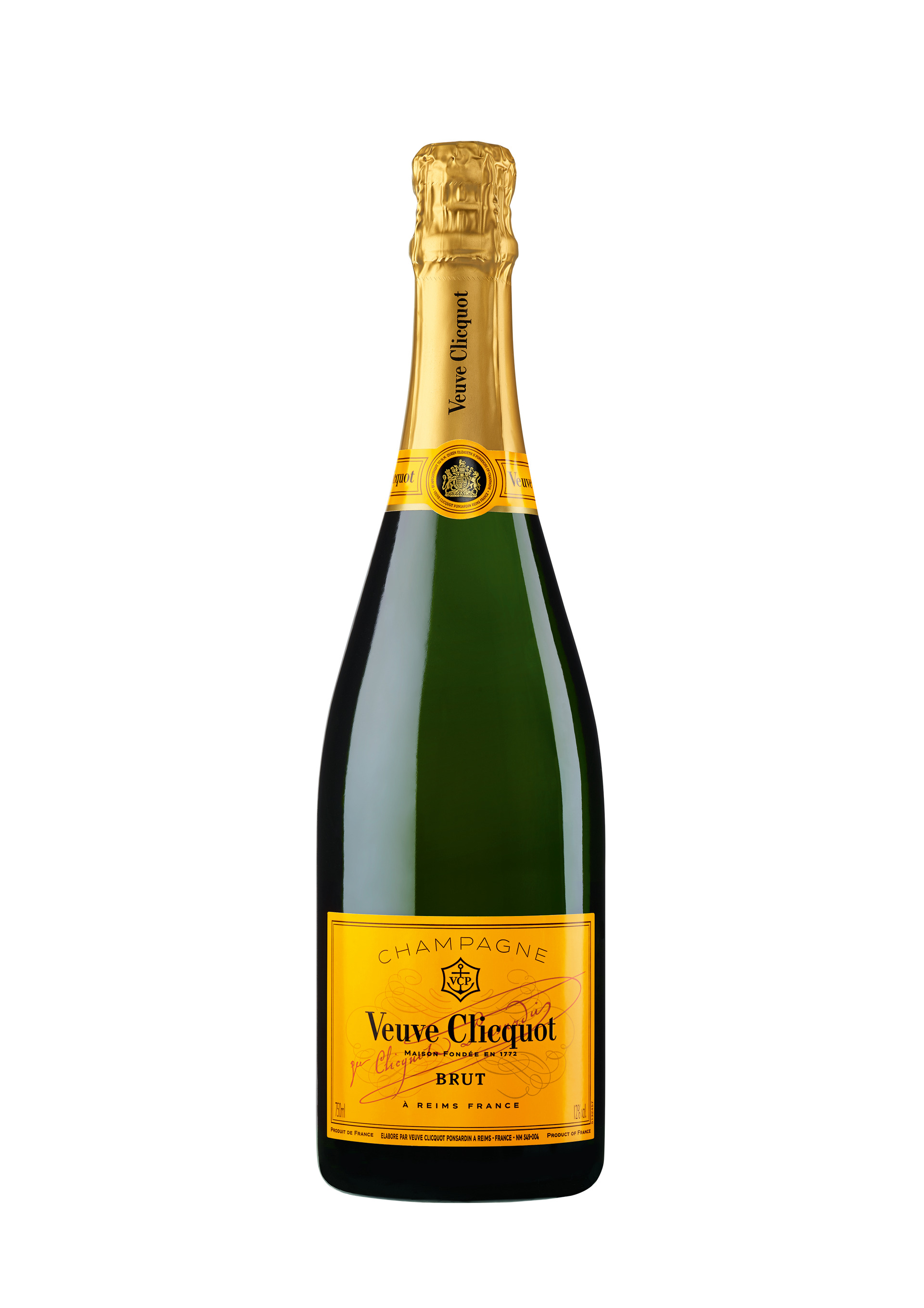 Eine Flasche der Marke Veuve Clicquot Brut Yellow Label mit gelbem Ettiket