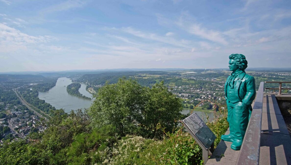 Blick von einem Aussichtsplateau auf das Rheintal mit einer kleinen Beethoven-Statue und grünen Pflanzen im Vordergrund