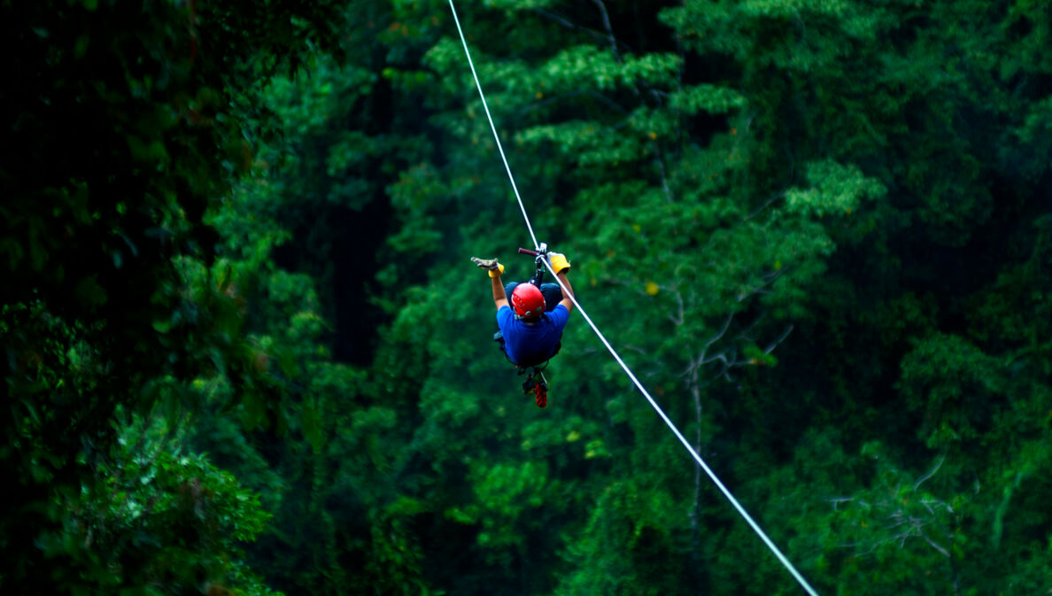 Ein Mann mit Helm gleitet an der Zipline über ein Waldgebiet