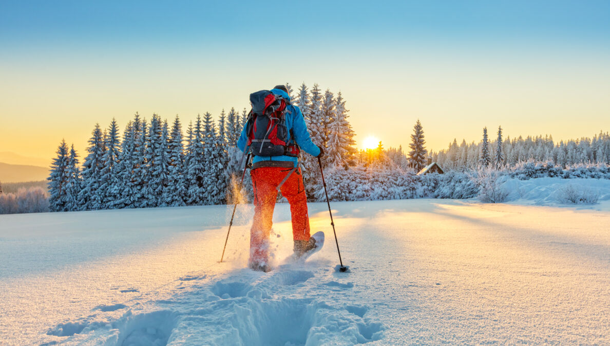 Mann von hinten beim Wandern durch eine Winterlandschaft