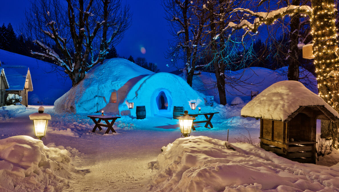 Ein Iglu in einer schneebedeckten Umgebung, daneben Tische und Bäume