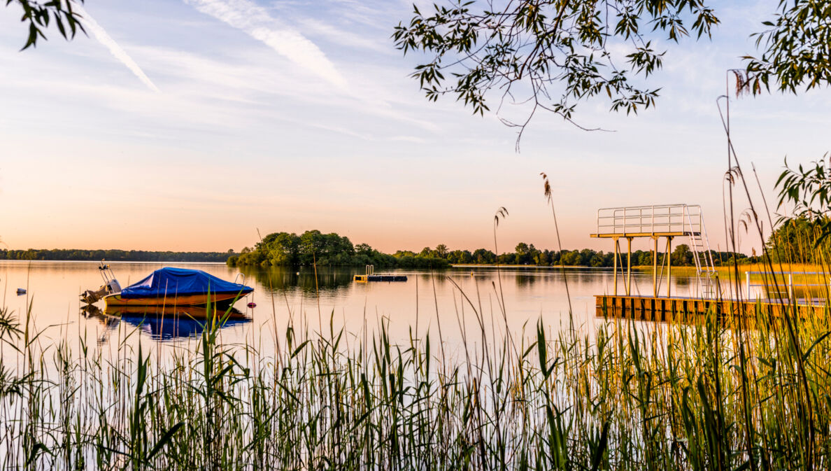 Ein See mit einem Boot und einem Sprungturm in der Abendsonne, im Vordergrund Schilf