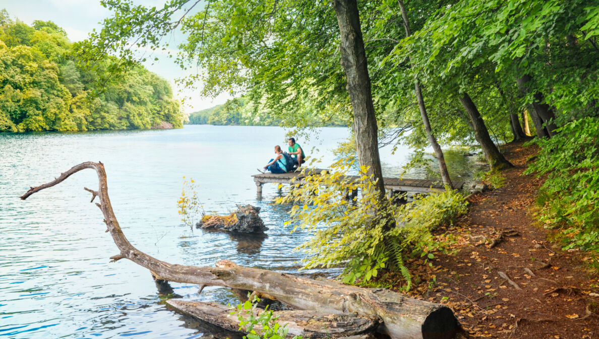 Wanderer pausieren auf einem Steg am Schmalen Luzin im Naturpark Feldberger Seenlandschaft