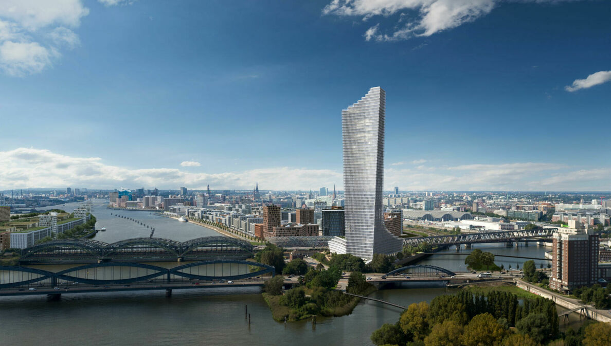 Blick auf den Elbtower Hamburg und die Elbbrücken in der HafenCity