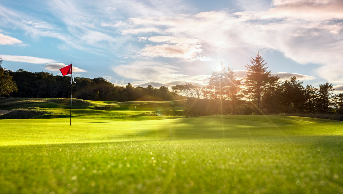 Ein Golfplatz mit wehender Fahne im Sonnenschein