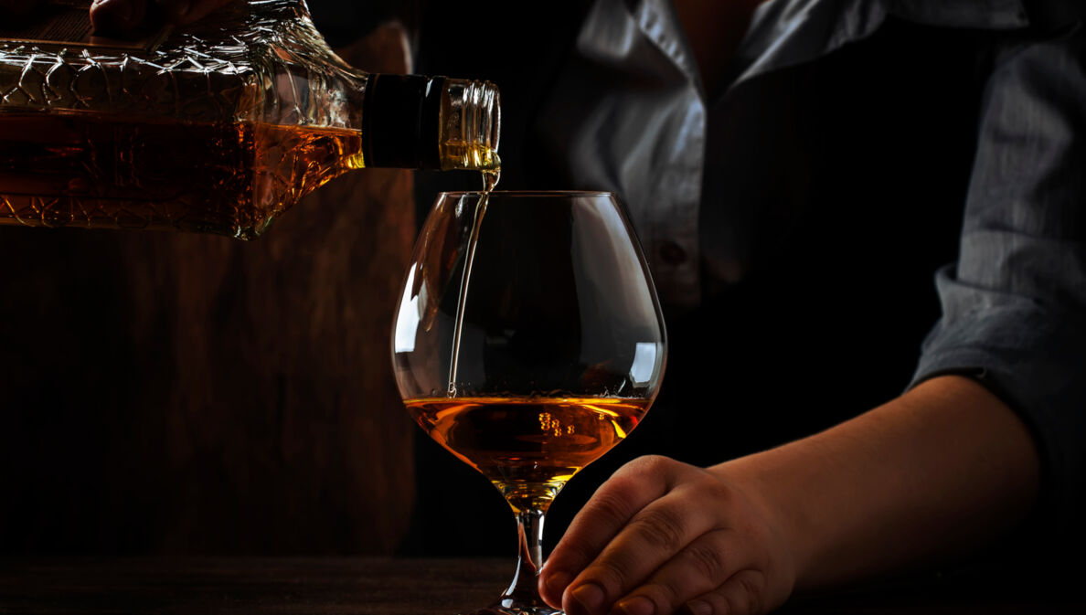 Ein Barkeeper hinter einer dunklen Holztheke gießt Cognac in ein bauchiges Glas